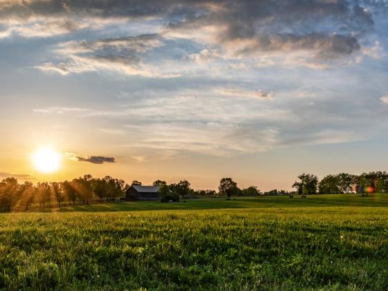 The sun rises over a grass pasture with a barn in the background